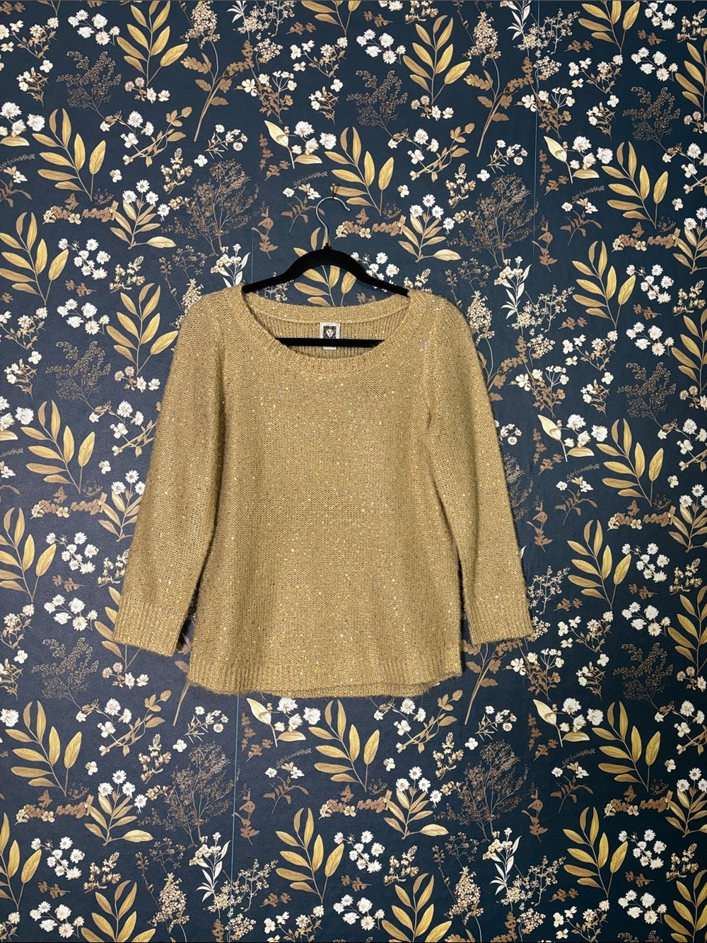 Anne Klein Metallic Gold Knit Sweater Sequin Size S